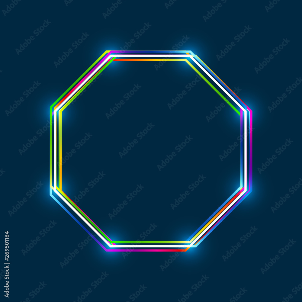 Fototapete octagon frame with colorful multi-layered outline and glowing light effect on blue background