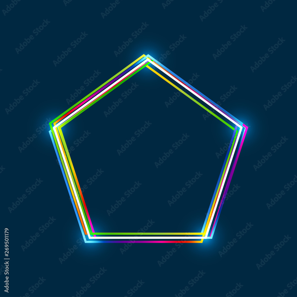 Poster pentagon frame with colorful multi-layered outline and glowing light effect on blue background