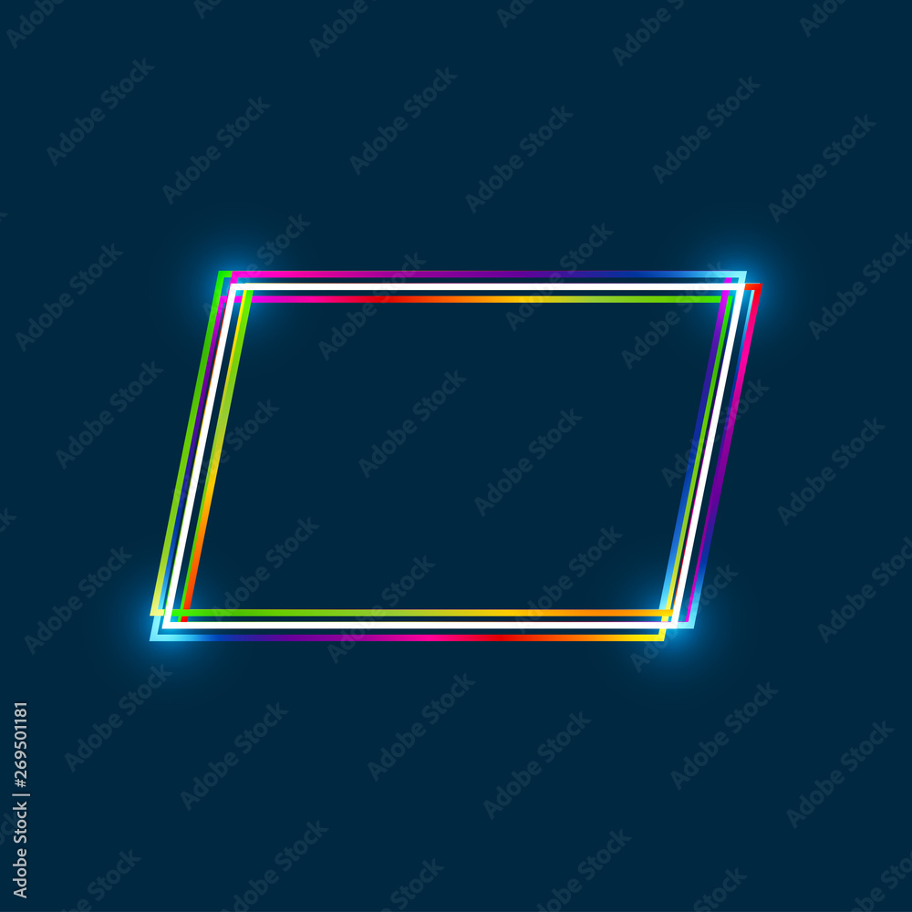 Poster parallelogram frame with colorful multi-layered outline and glowing light effect on blue background