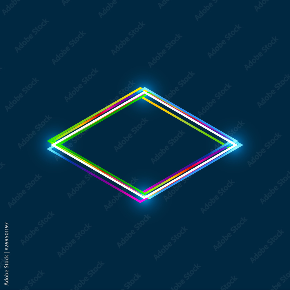 Poster rhombus frame with colorful multi-layered outline and glowing light effect on blue background