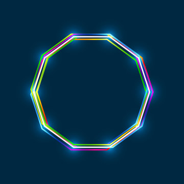 Decagon frame with colorful multi-layered outline and glowing light effect on blue background