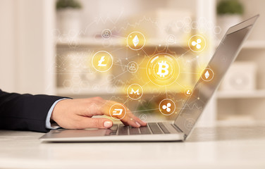 Business woman working on tablet with cryptocurrency bitcoin link network and online concept
