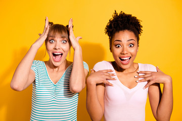 Close up photo beautiful she her lady hands arms raised head chest amazed different nationalities...