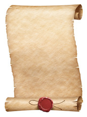 Ancient parchment scroll with wax seal isolated on white