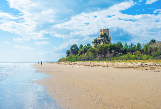 Pineto (Italy) - The touristic sandy beach of Abruzzo with the monumental pine forest and the famous tower castle called Torre di Cerrano