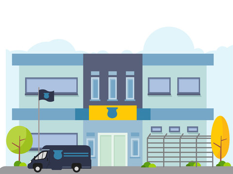 Illustration of police station with police car in flat style