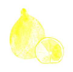 whole yellow fruit and lemon slice, painted in watercolor, isolated on white.