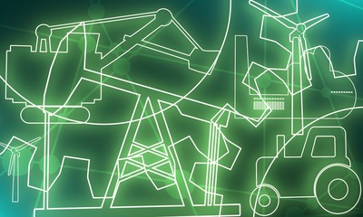 Concept of industrial plant and manufacture building. Energy and Power icons set. Energy generation and heavy industry. Modern brochure, report or cover design template. 3D rendering