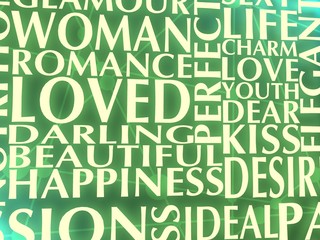 Woman and love relative words. Keywords cloud. 3D rendering