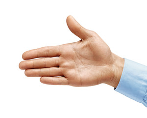 Man's hand in a shirt outstretched in greeting isolated on white background. Close up. High resolution product