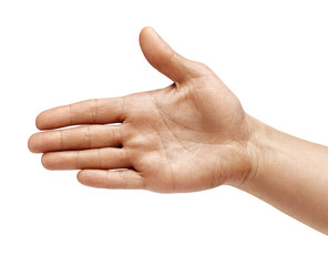 Man's hand outstretched in greeting isolated on white background. Close up. High resolution product