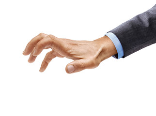 Man's hand in suit grabbing to something isolated on white background. Close up. High resolution...