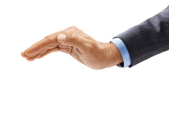 Man's hand in suit makes a gesture of protection isolated on white background. Inverted open palm, close up. High resolution product