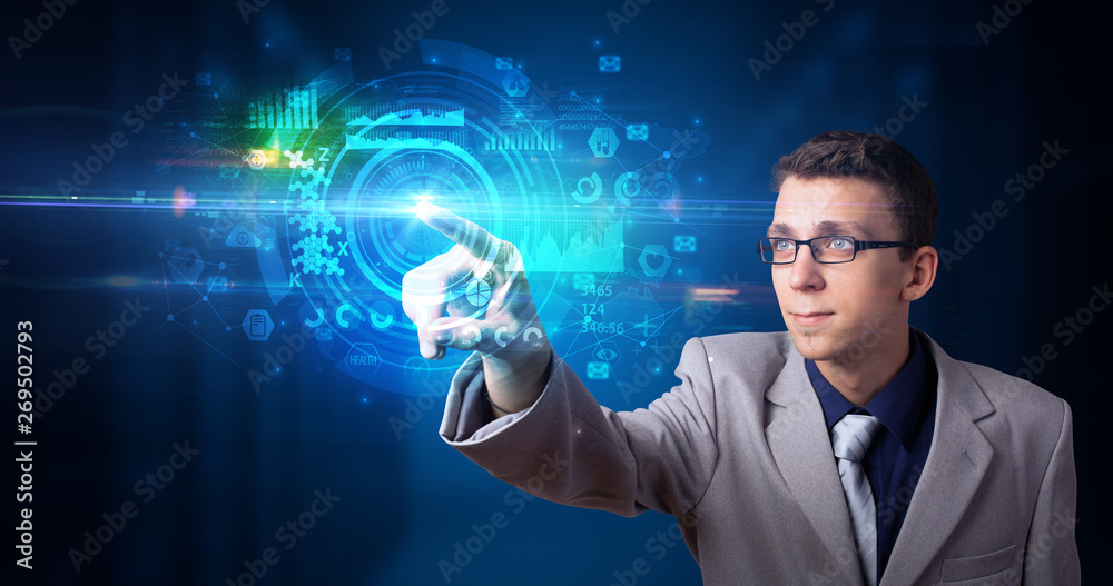 Poster man touching hologram screen displaying medical symbols and charts