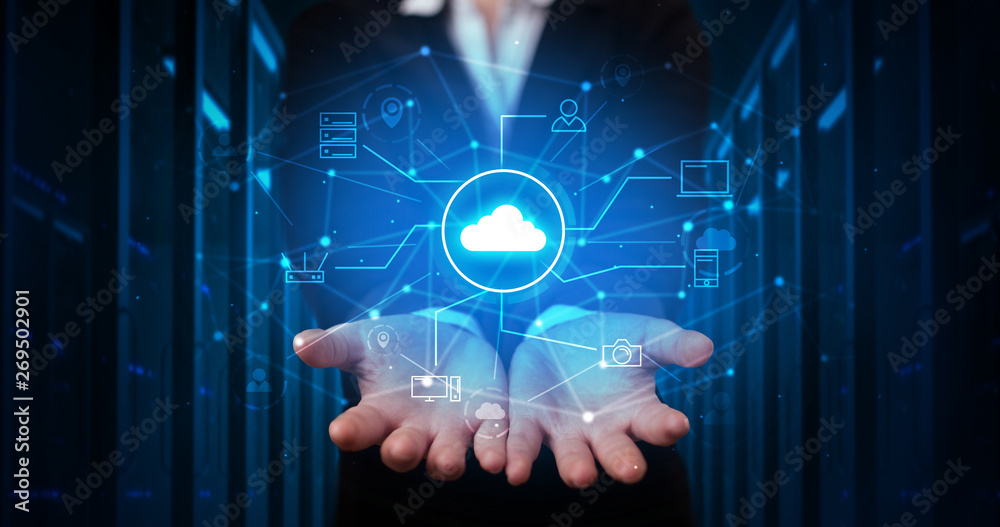 Poster man holding hologram projection displaying cloud technology symbols