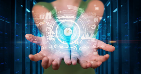 Woman holding hologram projection displaying biometric security concept

