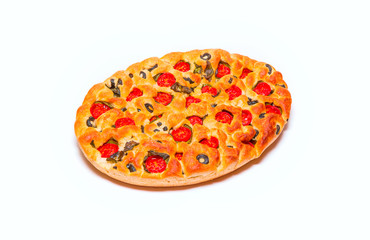 Delicious fresh traditional Italian focaccia bread with tomatoes, green peppers  M