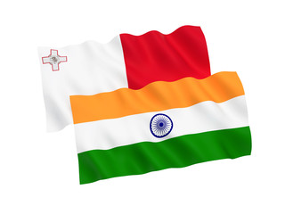 National fabric flags of India and Malta isolated on white background. 3d rendering illustration. Proportion 1:2