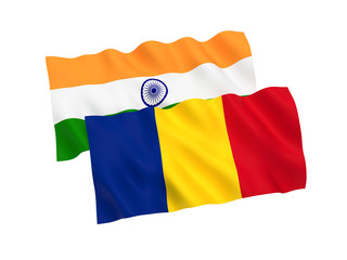 National fabric flags of Romania and India isolated on white background. 3d rendering illustration. Proportion 1:2