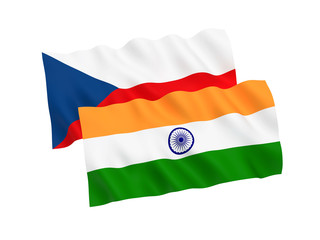National fabric flags of India and Czech Republic isolated on white background. 3d rendering illustration. Proportion 1:2