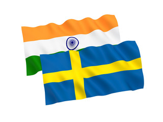 National fabric flags of India and Sweden isolated on white background. 3d rendering illustration. Proportion 1:2