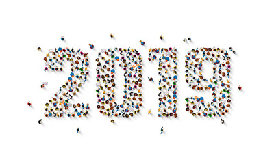 A crowd of people in the form of year 2019