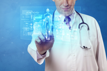 Fototapeta premium Doctor touching blue screen with full body analyze concept 