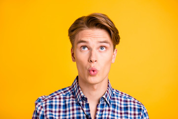 Close up photo amazing youngster he him his man excited look up empty space lips mouth perfect...