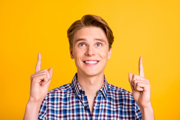 Close up photo amazing youngster he him his man excited direct fingers up empty space advising sale...