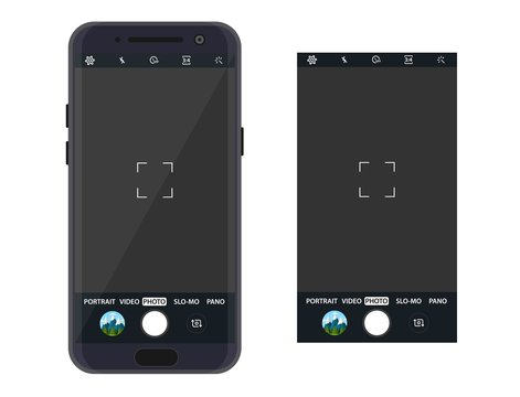 Modern smartphone with camera application. User interface of camera viewfinder. Focusing screen in recording time. Vector illustration flat style