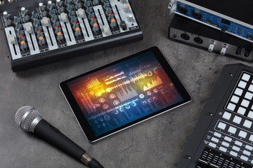 Electronic music instruments, microphone, piano, consoles and tablet with reports concept
