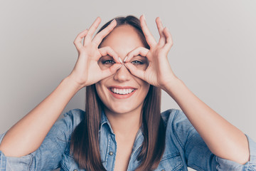 Close up photo careless nice cute student lady content candid rejoice laughter free time weekend...