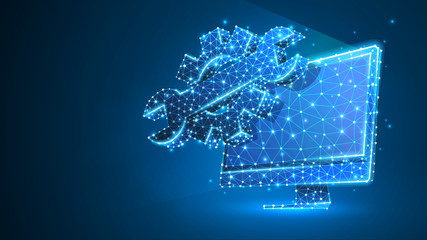 Gears adjustable wrench on computer monitor. Industry, business technology, settings concept. Abstract, digital, wireframe, low poly mesh, Raster blue neon 3d illustration. Triangle, line, dot