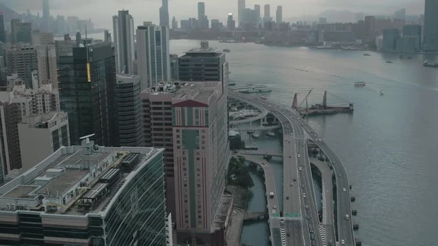 Hong Kong city scape drone shot. Popular tourist travel destination in Asia.