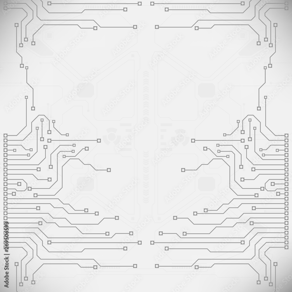 Aufkleber Circuit board grayscale tone futuristic digital technology communication system background template vector design. HUD element technology control panel texture illustration.
