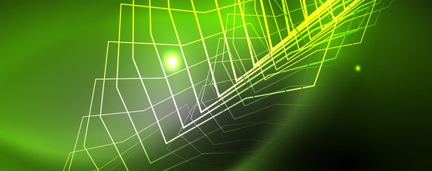 Shiny neon techno template. Neon lines background, 80s style laser rays