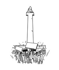 Riot and Protest in Indonesia, a hand drawn vector doodle illustration of a protest in Jakarta at National Monument of Indonesia.