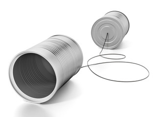Tin cans connected to each other with a rope. 3D illustration