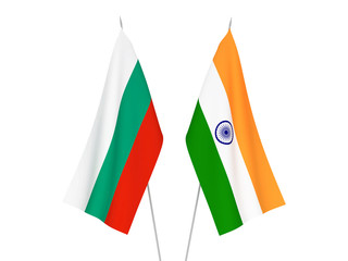 National fabric flags of Bulgaria and India isolated on white background. 3d rendering illustration.