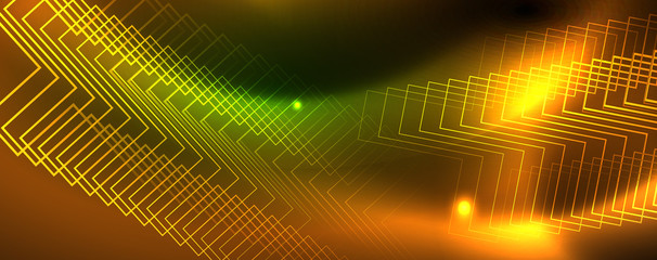 Obraz premium Techno glowing background, futuristic dark template with neon light effects and simple forms, vector