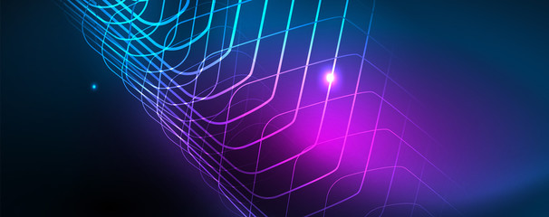 Neon glowing techno lines, hi-tech futuristic abstract background template, vector