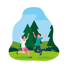 happy young couple celebrating in the camp