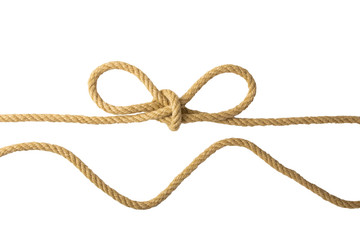 Rope isolated. Closeup of figure node or knot from two brown ropes isolated on a white background....