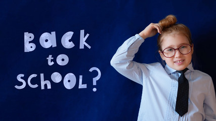 Back to school horizontal banner. Elementary grade schoolgirl in spectacles. Chalk style lettering with question mark. Confused student scratching head. School education, knowledge gaining poster