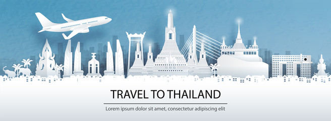 Travel advertising with travel to Thailand concept with panorama view of Bangkok city skyline and world famous landmarks in paper cut style vector illustration.