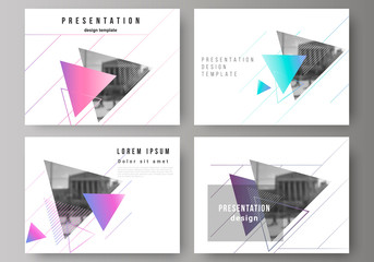 The minimalistic abstract vector illustration of the editable layout of the presentation slides design business templates. Colorful polygonal background with triangles with modern memphis pattern.