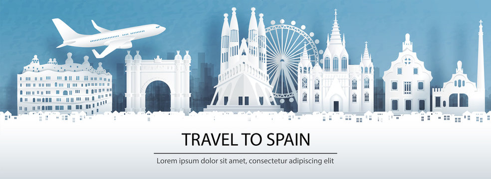 Travel Advertising With Travel To Spain Concept With Panorama View Of Barcelona City Skyline And World Famous Landmarks In Paper Cut Style Vector Illustration.