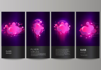 The minimalistic vector illustration of the editable layout of flyer, banner design templates. Black background with fluid gradient, liquid pink colored geometric element.