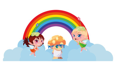 beautiful magic fairies with fungu elf and rainbow