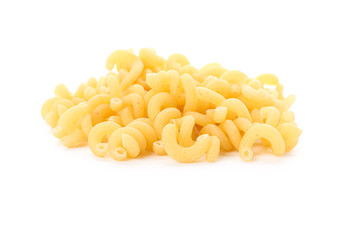 Pasta isolated on white background, closeup. Dry uncooked whole pasta